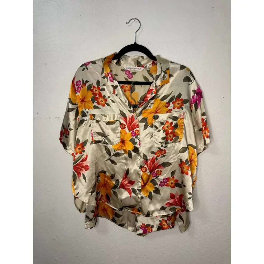 Vtg Victoria’s Secret Women’s Large Floral Satin Pajama Set Top & Shorts 90s